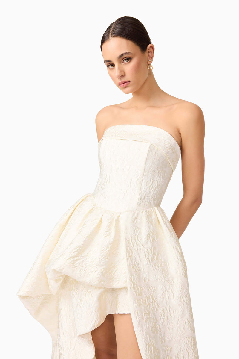 Brunette model wearing Galadirel Strapless Gown in White close up detail shot