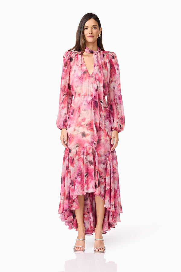 Brunette model wearing Evalina Long Sleeve Maxi Dress in Pink front shot
