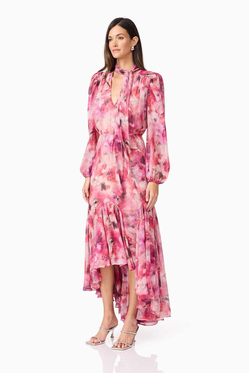 Brunette model wearing Evalina Long Sleeve Maxi Dress in Pink side shot