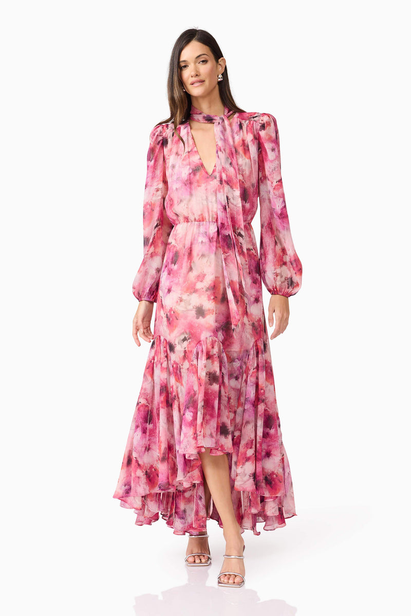 Brunette model wearing Evalina Long Sleeve Maxi Dress in Pink posed shot
