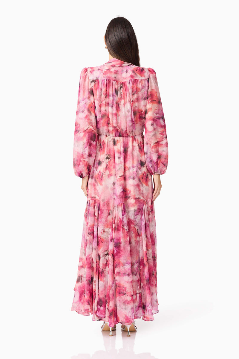Brunette model wearing Evalina Long Sleeve Maxi Dress in Pink back shot