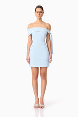 Brunette model wearing Ami Off The Shoulder Mini Dress in Blue front shot