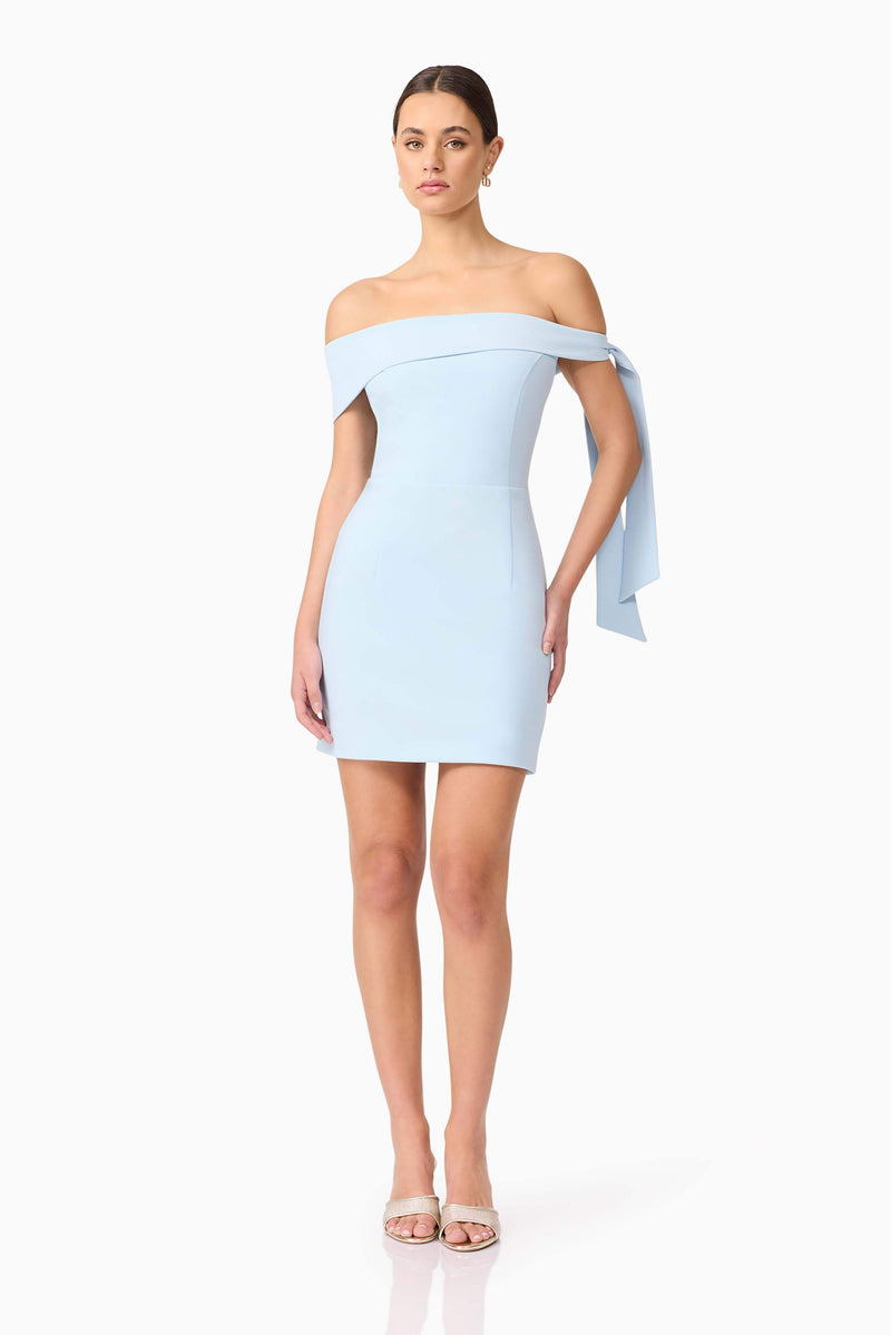 Brunette model wearing Ami Off The Shoulder Mini Dress in Blue posed shot