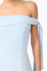 Brunette model wearing Ami Off The Shoulder Mini Dress in Blue detail shot