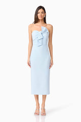 Brunette model wearing Ami Strapless Midi Dress in Blue front shot