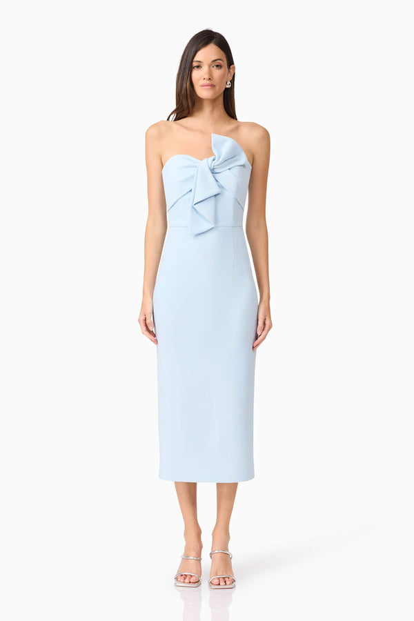 Brunette model wearing Ami Strapless Midi Dress in Blue front shot