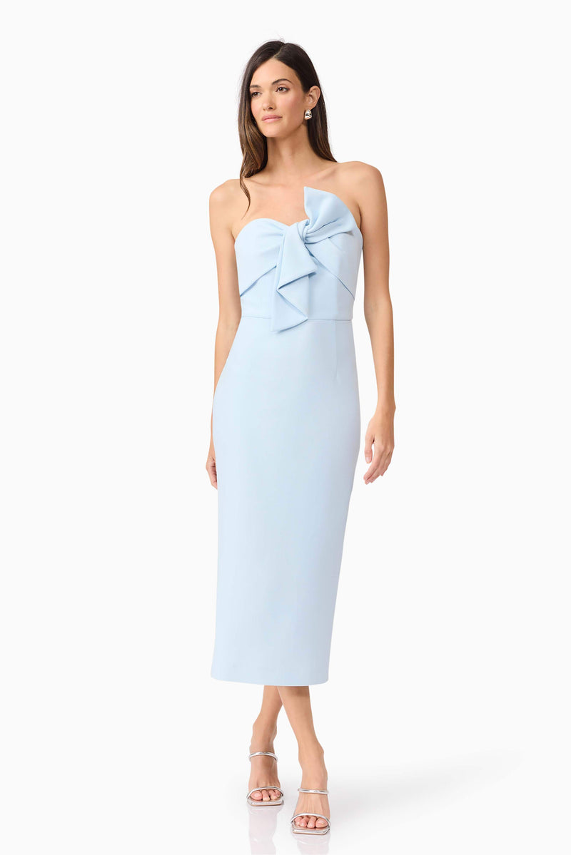 Brunette model wearing Ami Strapless Midi Dress in Blue posed shot