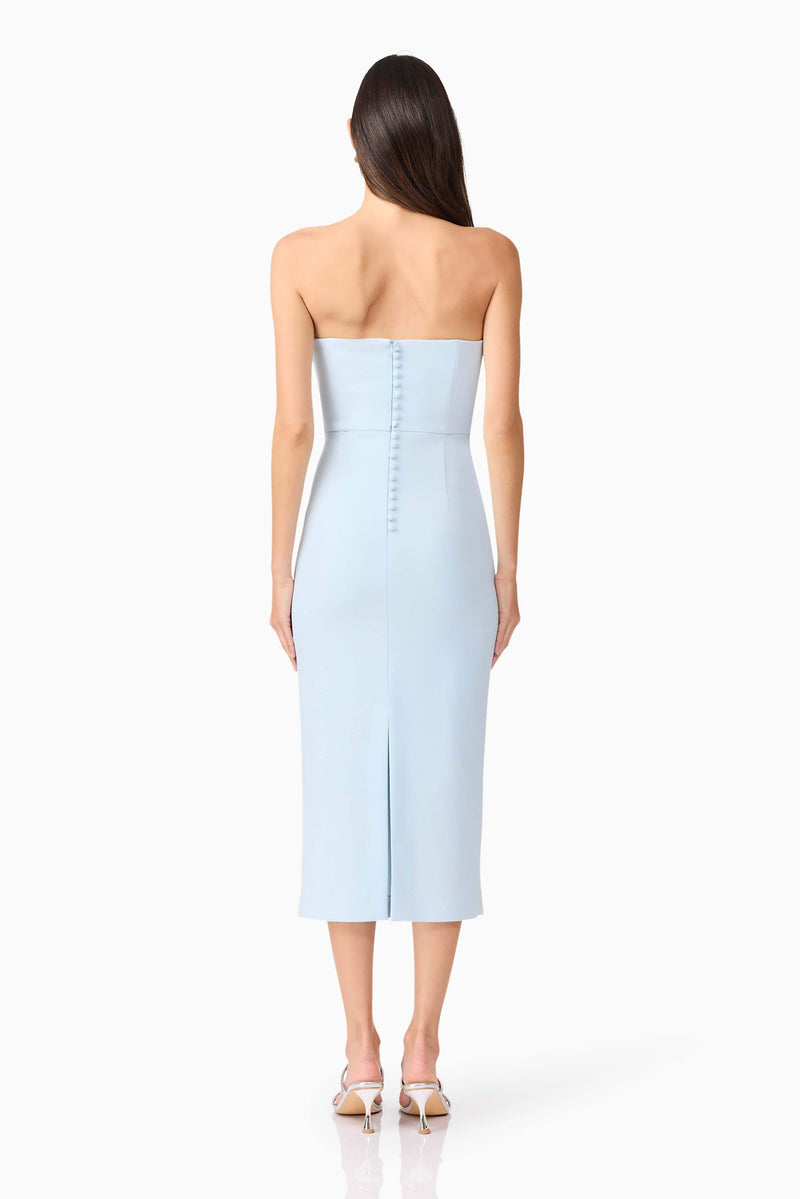 Brunette model wearing Ami Strapless Midi Dress in Blue back shot