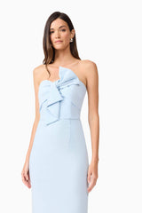 Brunette model wearing Ami Strapless Midi Dress in Blue close up posed shot