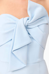 Brunette model wearing Ami Strapless Midi Dress in Blue detail shot