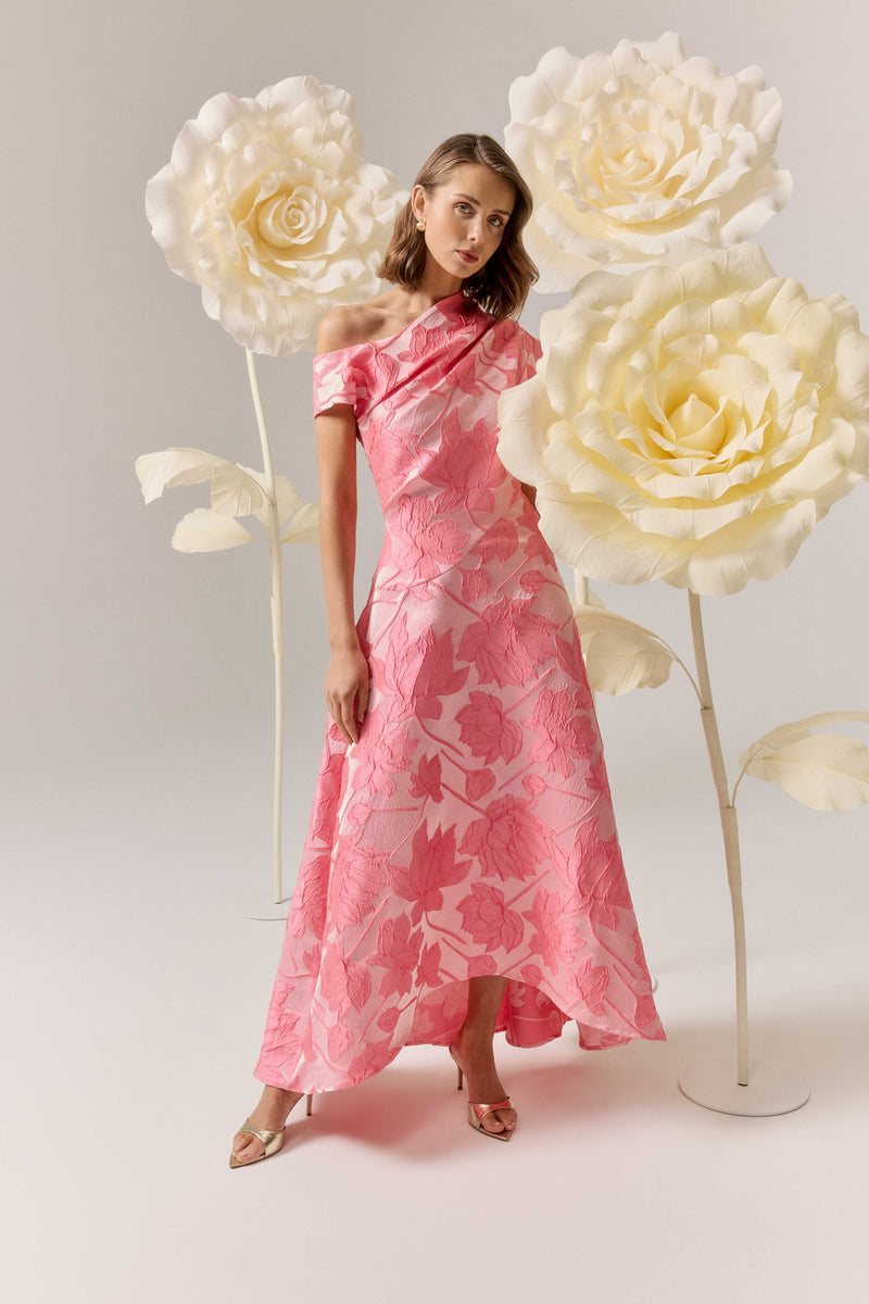 dionne maxi dress Dionne Asymmetrical Maxi Gown in Pink Floral