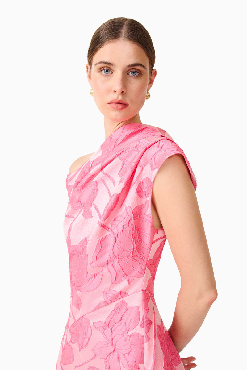 dionne maxi dress Dionne Asymmetrical Maxi Gown in Pink Floral