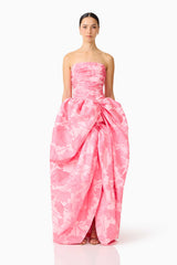 Brunette model wearing the Dionne Strapless Gown in Pink Floral front shot