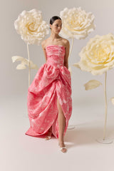 Brunette model wearing the Dionne Strapless Gown in Pink Floral Campaign
 shot