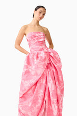 Brunette model wearing the Dionne Strapless Gown in Pink Floral posed
 shot