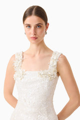 Brunette model wearing the Alessia Embellished Mini Dress in White detail shot