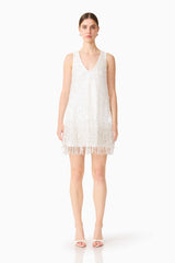 Brunette model wearing Alessia Embellished Shift Mini Dress in White front shot 