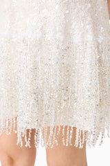 Brunette model wearing Alessia Embellished Shift Mini Dress in White detail shot 