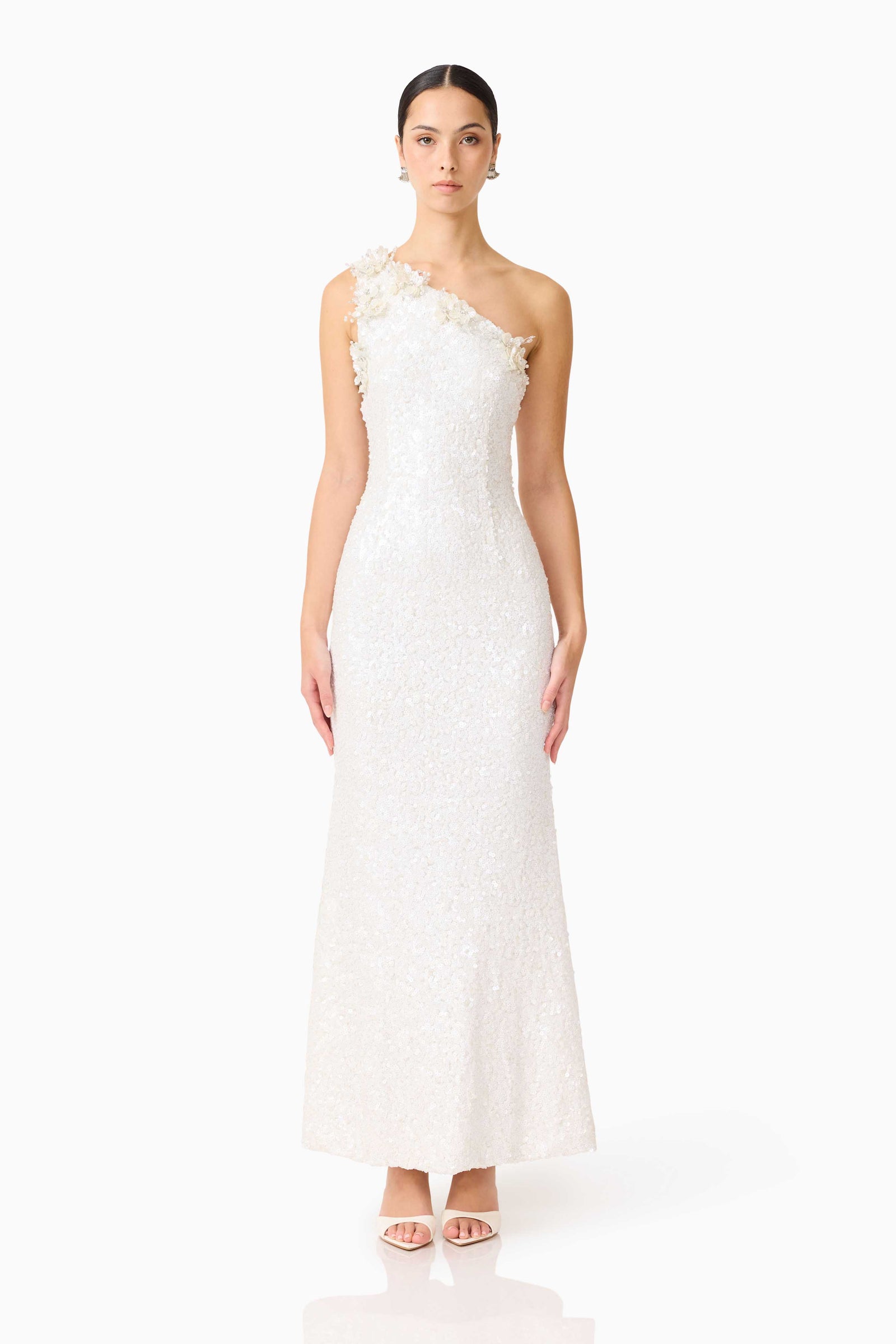 white one shoulder grecian dress Milena One Shoulder Crepe Maxi Dress / White | MESHKI