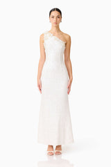 Brunette model wearing the Alessia Embellished One Shoulder Gown in White front shot 