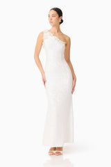 Brunette model wearing the Alessia Embellished One Shoulder Gown in White posed shot 