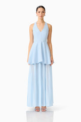 Brunette model wearing the Anaya V-Neck Maxi Dress in Blue front shot