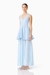 Brunette model wearing the Anaya V-Neck Maxi Dress in Blue side shot