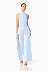 Brunette model wearing the Anaya Wide Leg Jumpsuit in Blue posed shot