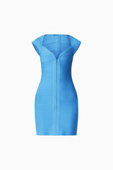 Brunette model wearing theElena V-Neck Mini Dress in Dress in Blue Ghost