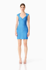 Brunette model wearing theElena V-Neck Mini Dress in Dress in Blue front shot