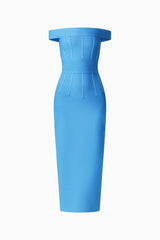 Brunette model wearing the Elena Strapless Gown in Blue Ghost