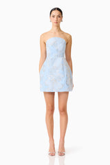 Brunette model wearing the Annabelle Embellished Strapless Mini Dress in Blue front shot 