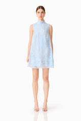Brunette model wearing the Annabelle Embellished Shift Mini Dress in Blue front shot