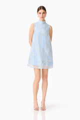 Brunette model wearing the Annabelle Embellished Shift Mini Dress in Blue posed shot