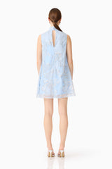 Brunette model wearing the Annabelle Embellished Shift Mini Dress in Blue back shot