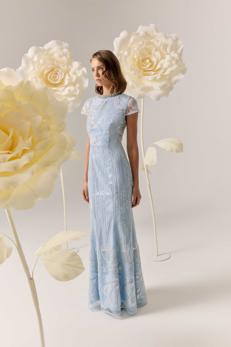 annabelle blue dress Embellished Gown in size:XS / 2 lay flat to dry swatch:teal-animal-print Ivory A Line Embellished