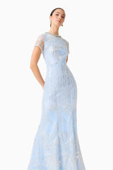 Brunette model wearing the Annabelle Embellished Gown in Blue close up shot 