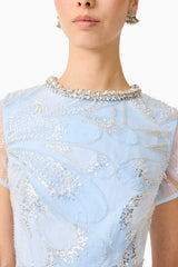 Brunette model wearing the Annabelle Embellished Gown in Blue detail shot 