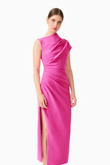 Model wearing the Chantal Asymmetrical Midi Dress in Pink posed shot 