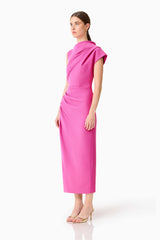 Model wearing the Chantal Asymmetrical Midi Dress in Pink side shot 