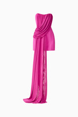 Brunette model wearing the Chantal Asymmetrical Mini Dress in Pink ghost shot 