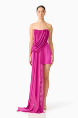 Brunette model wearing the Chantal Asymmetrical Mini Dress in Pink front shot 