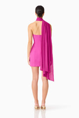 Brunette model wearing the Chantal Asymmetrical Mini Dress in Pink back shot 