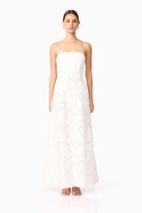 Brunette model wearing Elara Beaded Gown in White front shot 