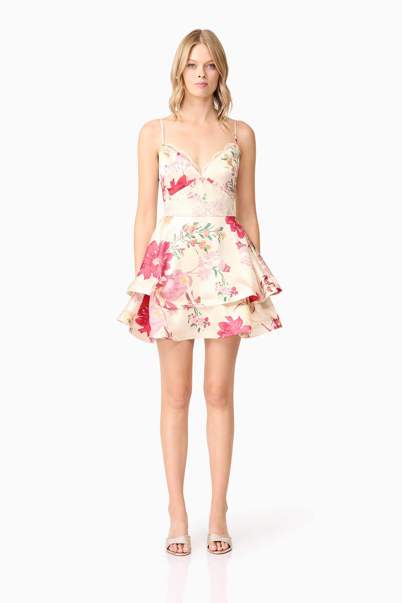 Blonde model wearing Rosalina Tiered Mini Dress in Floral front shot