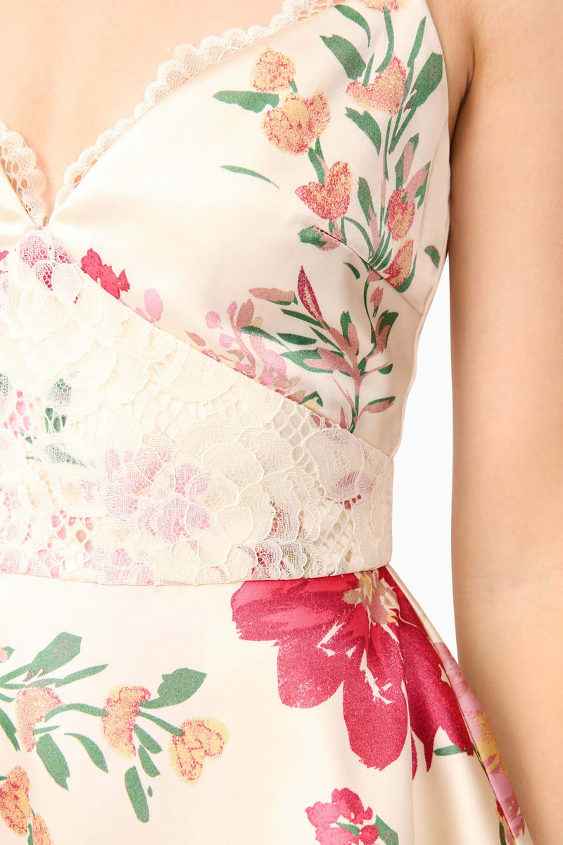 Blonde model wearing Rosalina Tiered Mini Dress in Floral detail shot