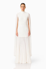Whynter model wearing the Odelia Cape Sleeve Gown in White front shot