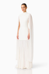 Whynter model wearing the Odelia Cape Sleeve Gown in White side shot