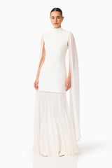 Whynter model wearing the Odelia Cape Sleeve Gown in White posed shot
