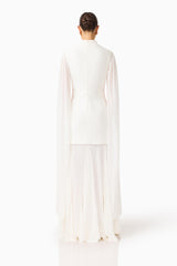 Whynter model wearing the Odelia Cape Sleeve Gown in White back shot
